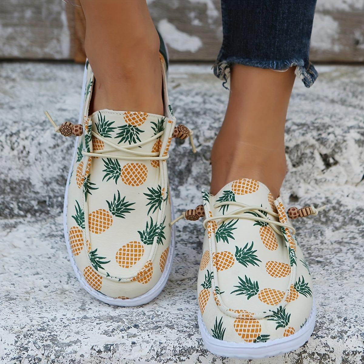 Women's Pineapple Print Canvas Shoes, Comfortable Low Top Slip On Sneakers, Casual Flat Walking Shoes